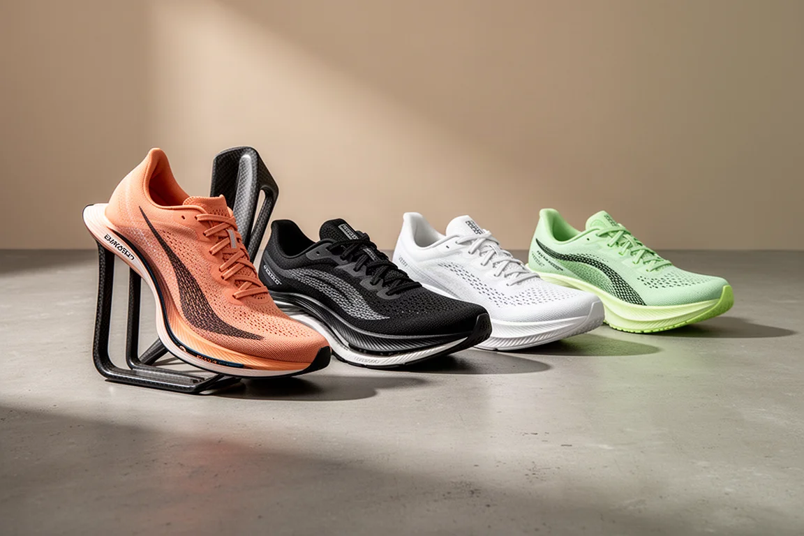 Lineup of five modern running shoes on a matte concrete surface