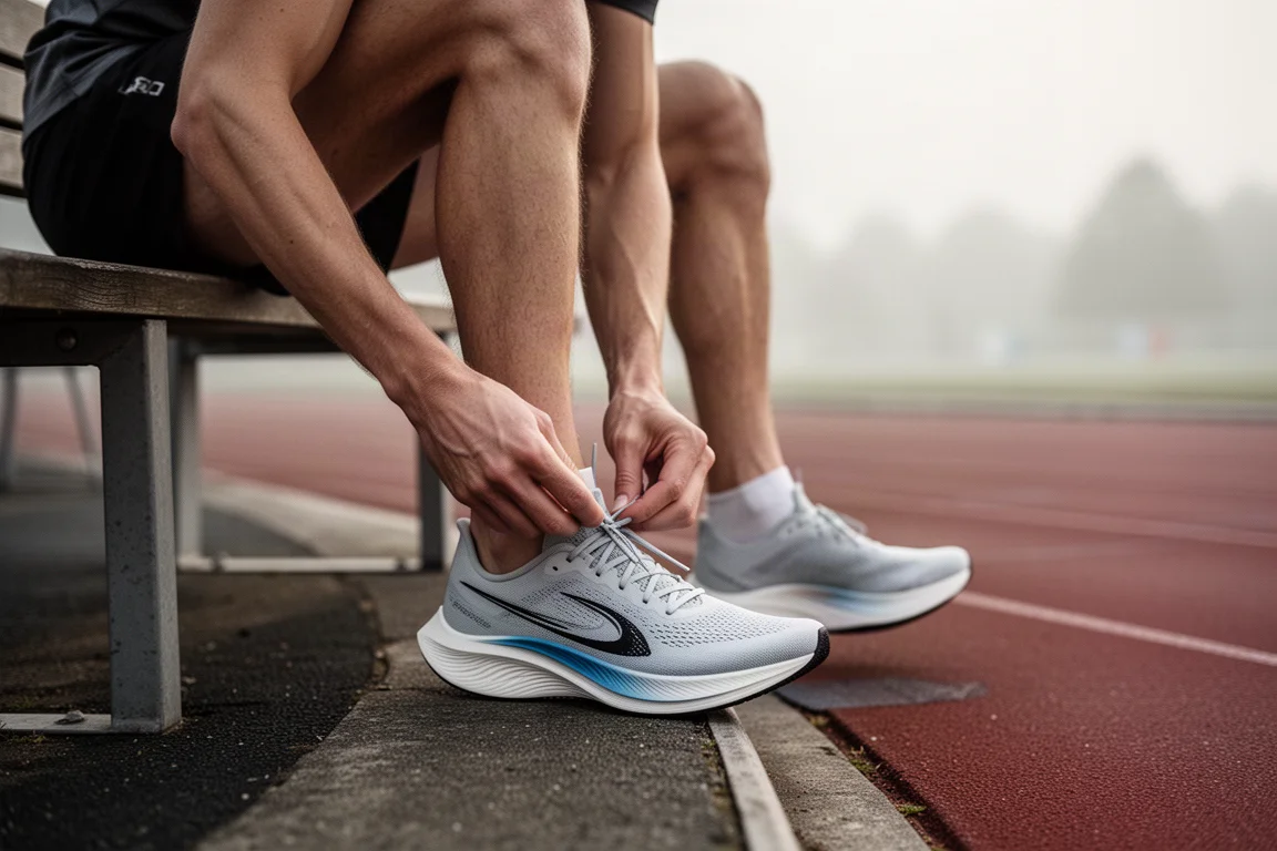 Un runner allaccia una scarpa da gara su una pista nella luce del mattino