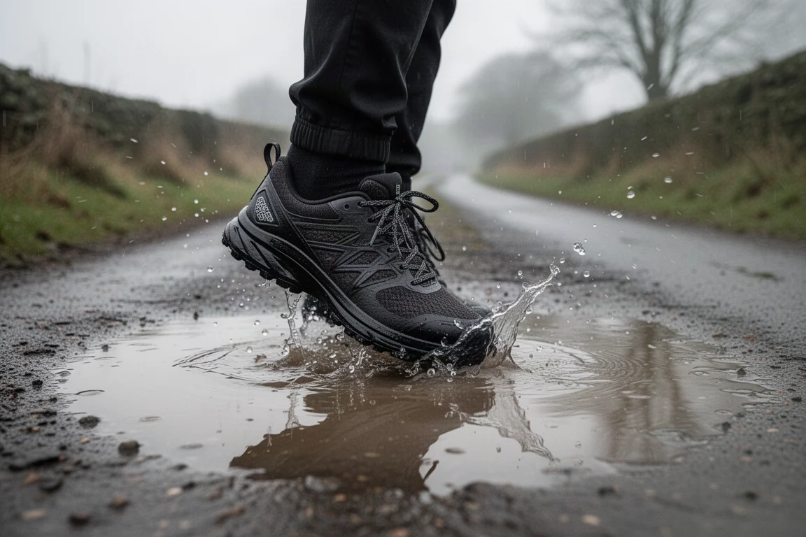 Scarpe da running che si asciugano su una portascarpe accanto a un tappeto rotante dopo l'allenamento
