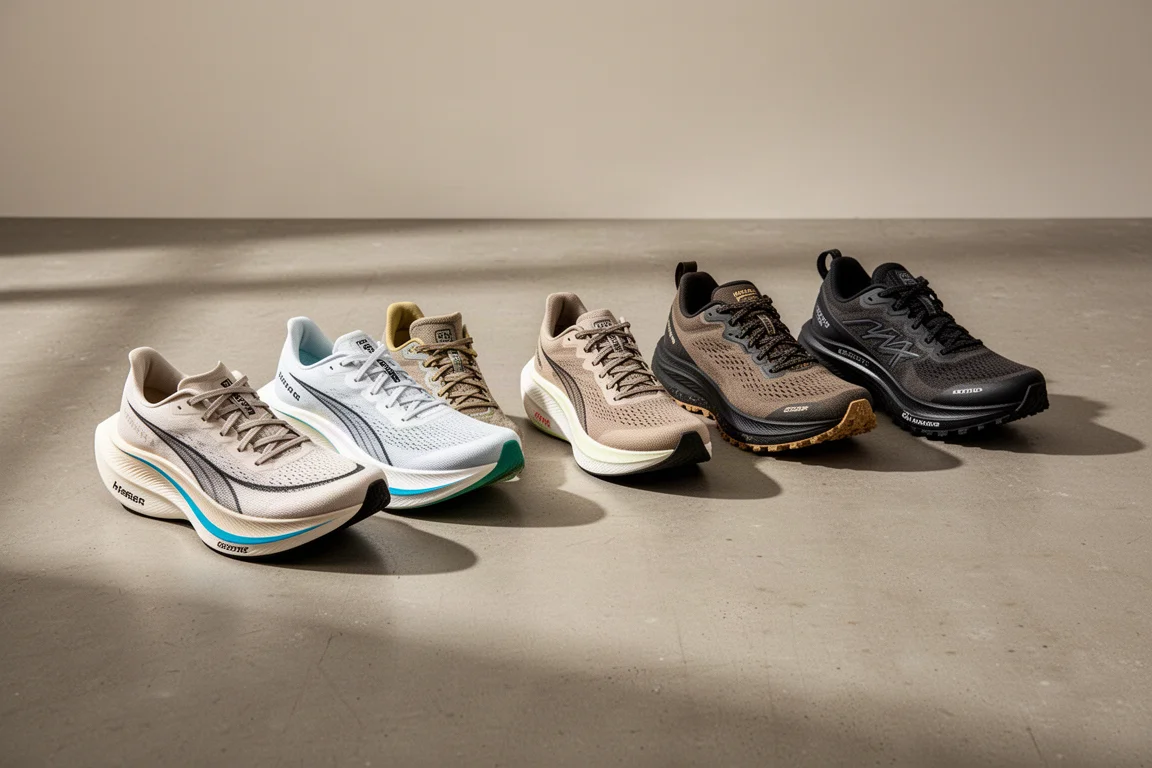 Collection of ten running shoes in varied colorways arranged on concrete