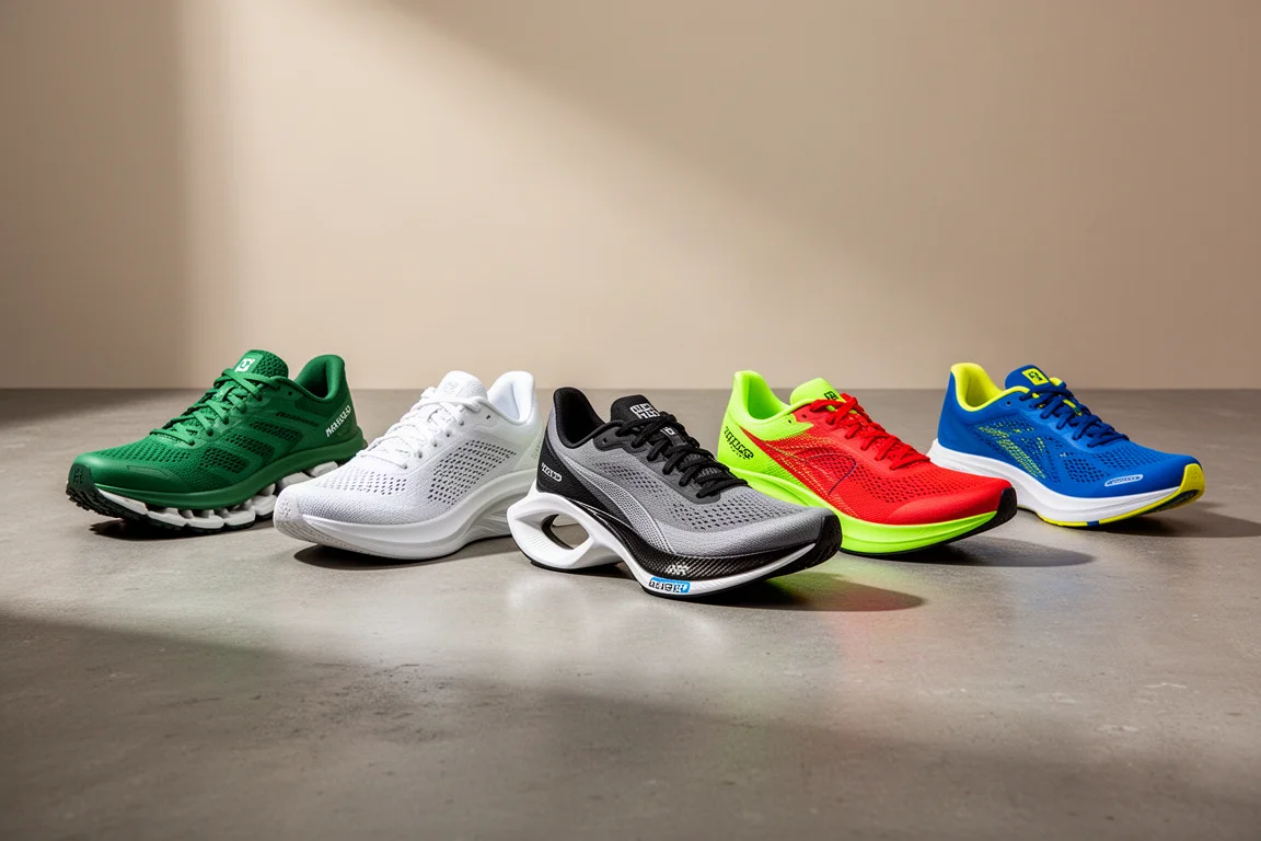 Six discounted road running shoes arranged in a line on a concrete surface