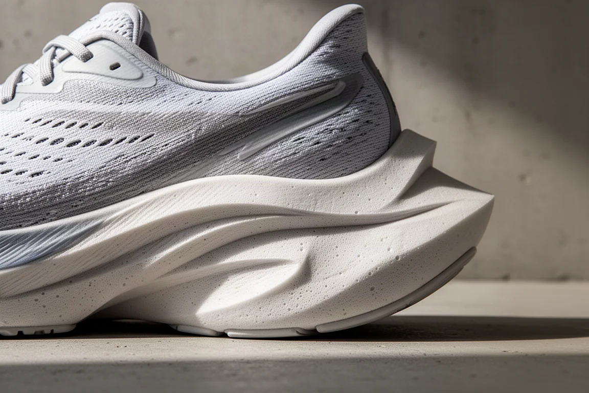 Gros plan sur la géométrie d'une semelle intermédiaire en mousse épaisse d'une chaussure de running moderne