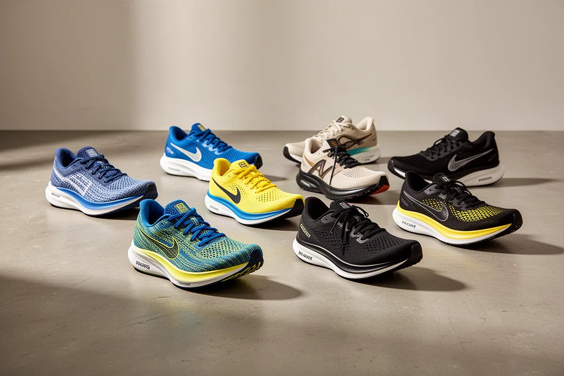 Nine running shoes in varied colorways arranged on a concrete studio floor