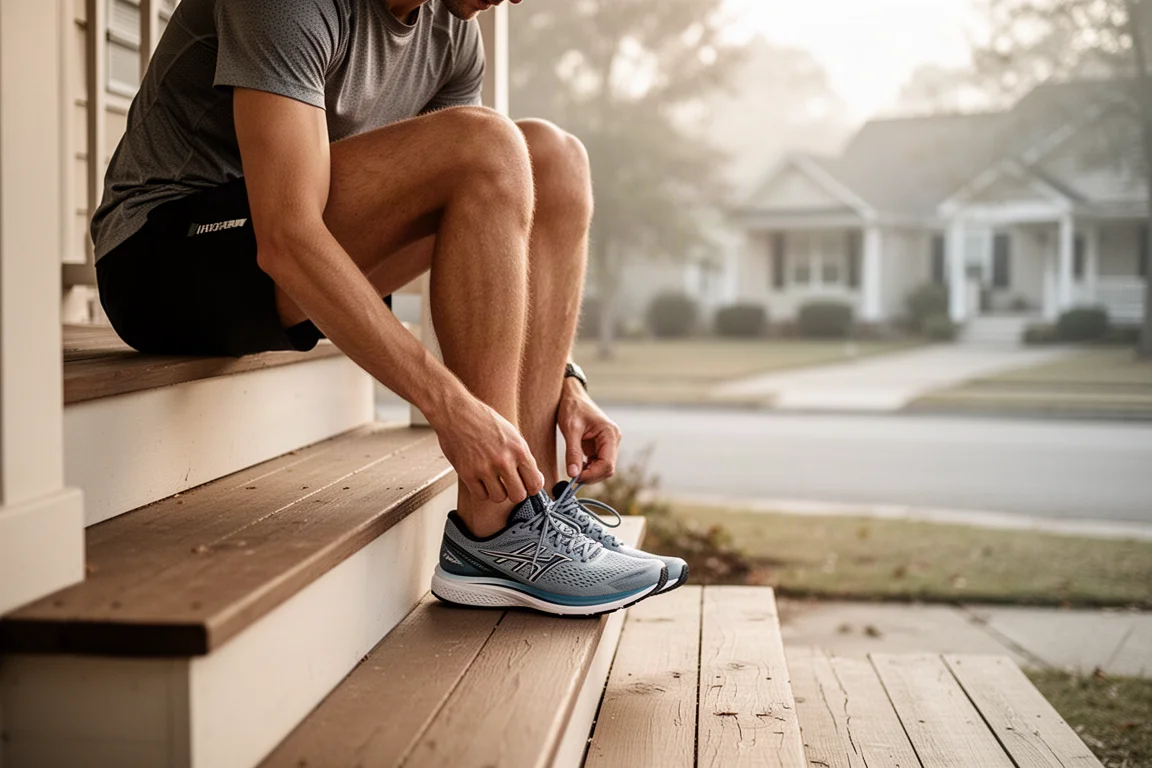 Runner lacing up a pair of running shoes on a porch before a morning run