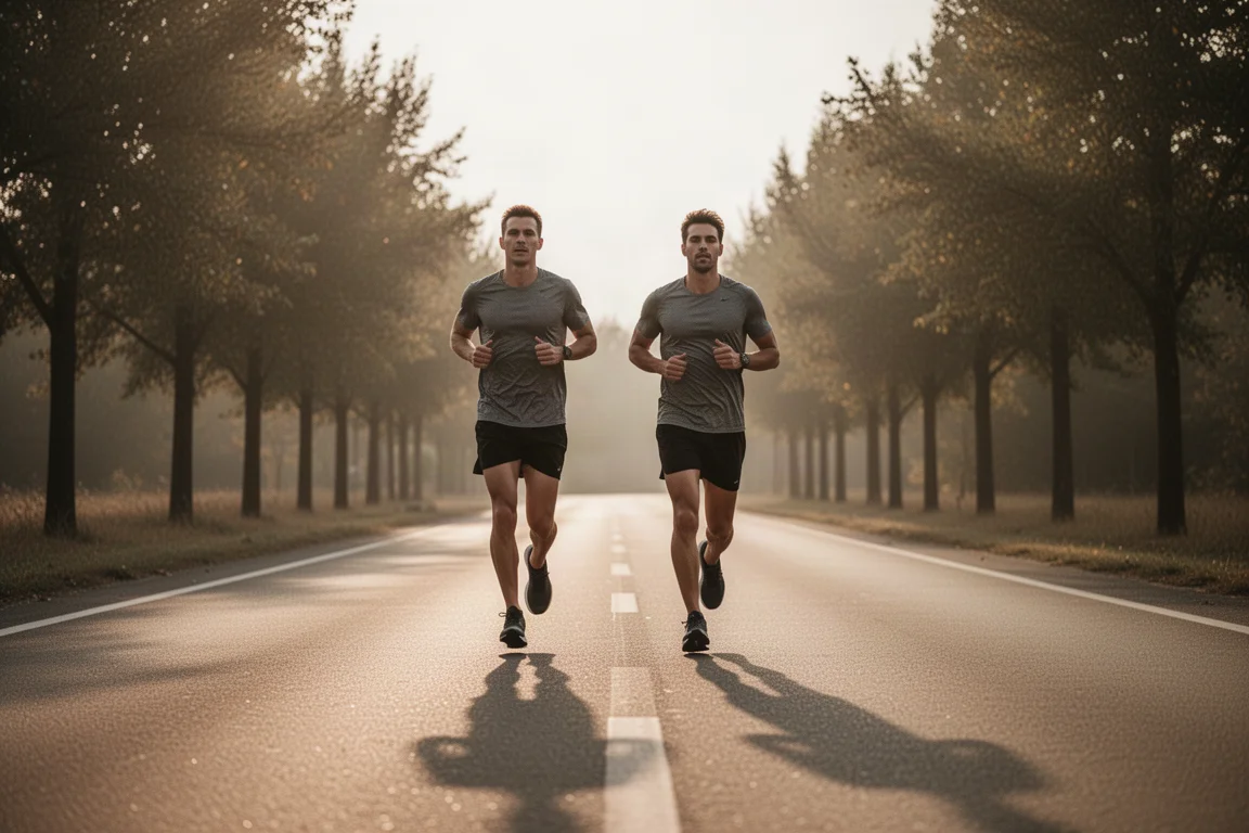Runners training on an open road in soft afternoon light