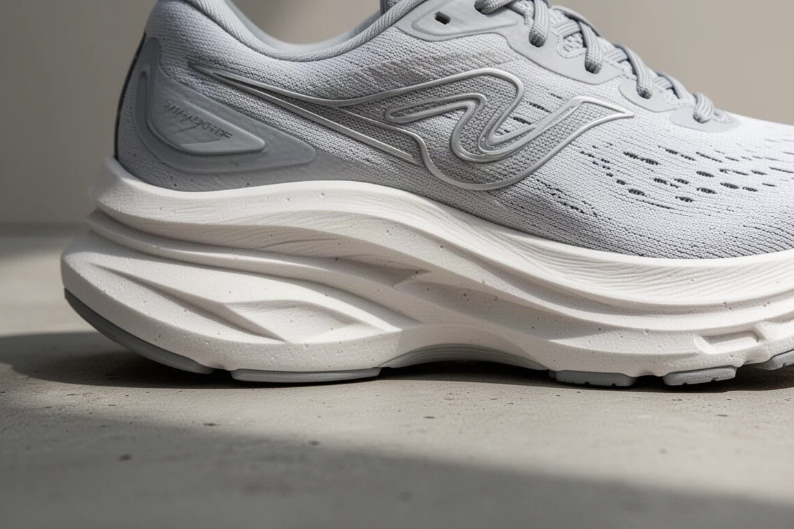 Close-up of a running shoe midsole showing a thick foam stack