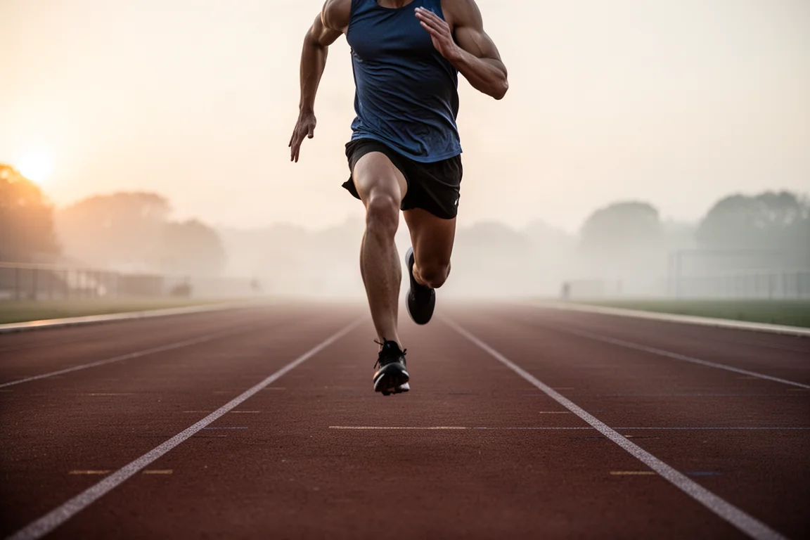 Track athlete sprinting on an outdoor running track at dusk