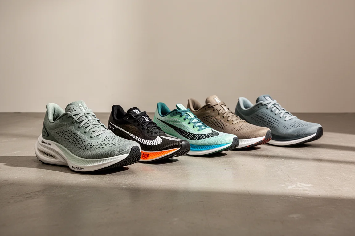 Row of assorted running shoes on a concrete floor in soft studio light