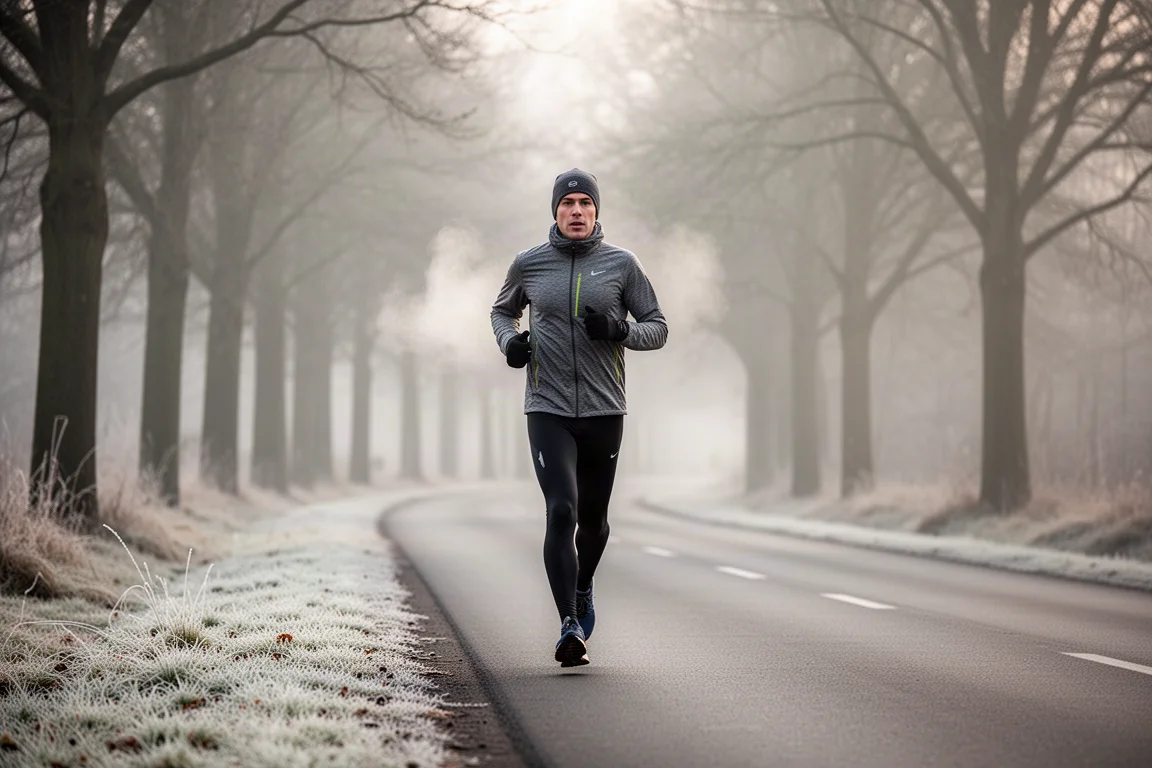 Winterloper maakt rustige kilometers op een met rijp bedekte weg langs bomen