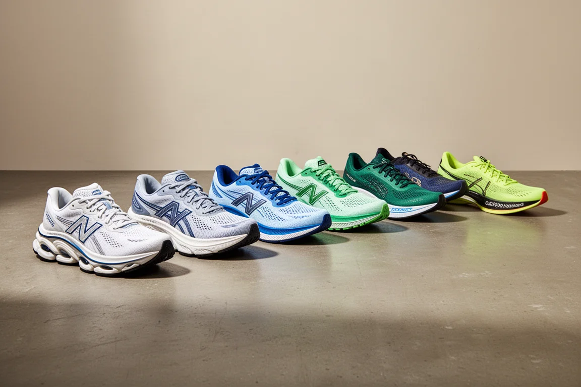 Lineup of ten running shoes in varied styles on a concrete studio floor