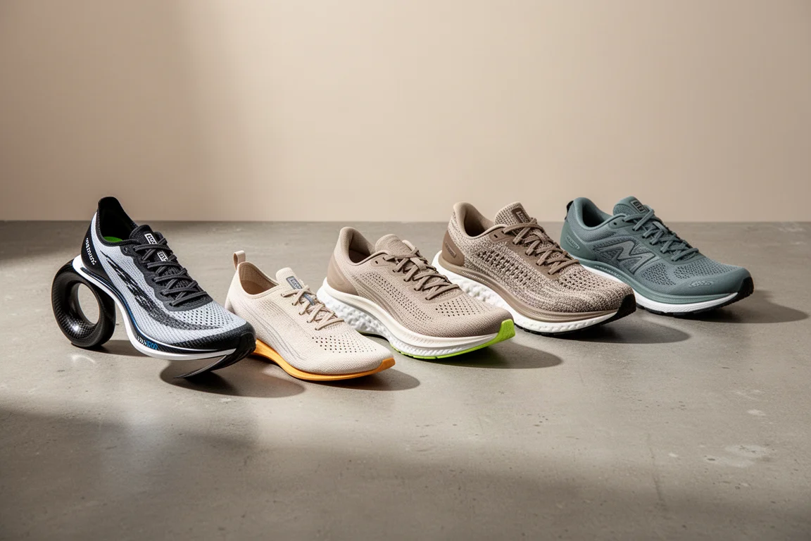 Seven discounted running shoes arranged on a concrete surface