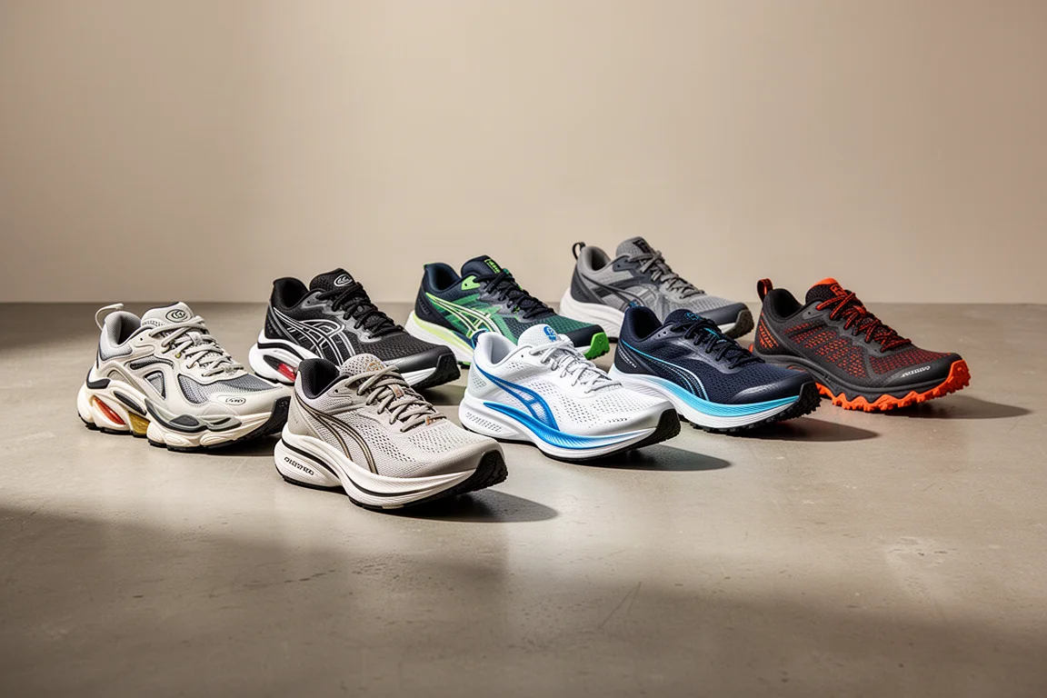 Ten varied running shoes arranged in a row on a concrete studio floor