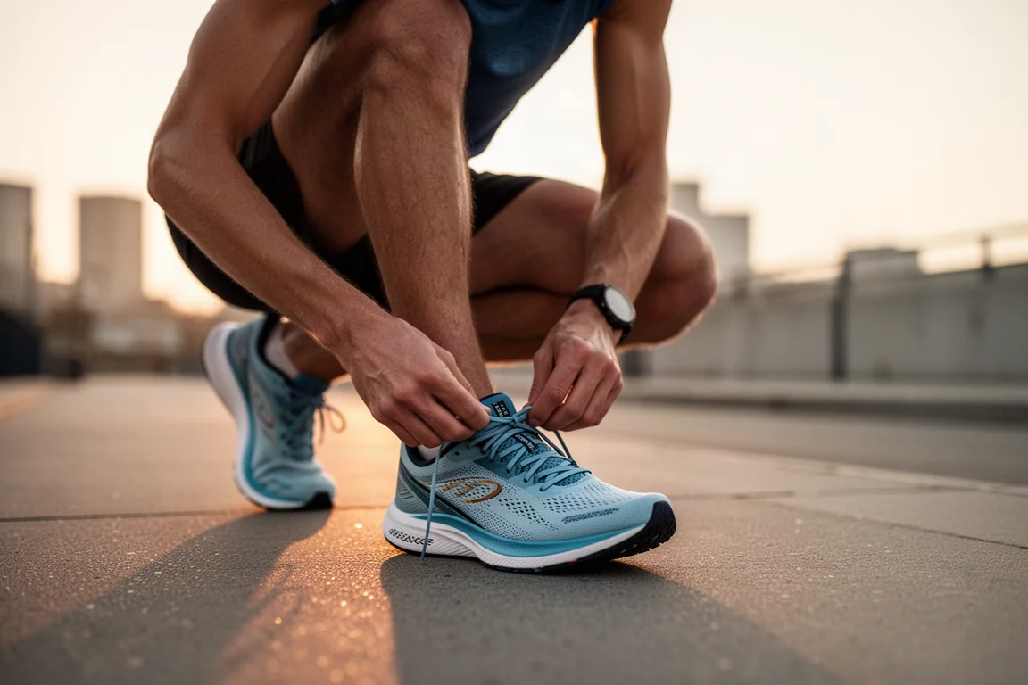 Corridore che allaccia una scarpa da gara leggera all'alba prima di un allenamento