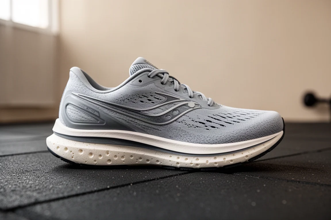 Primo piano del midsole di una scarpa da allenamento a pacchetto basso sul pavimento della palestra
