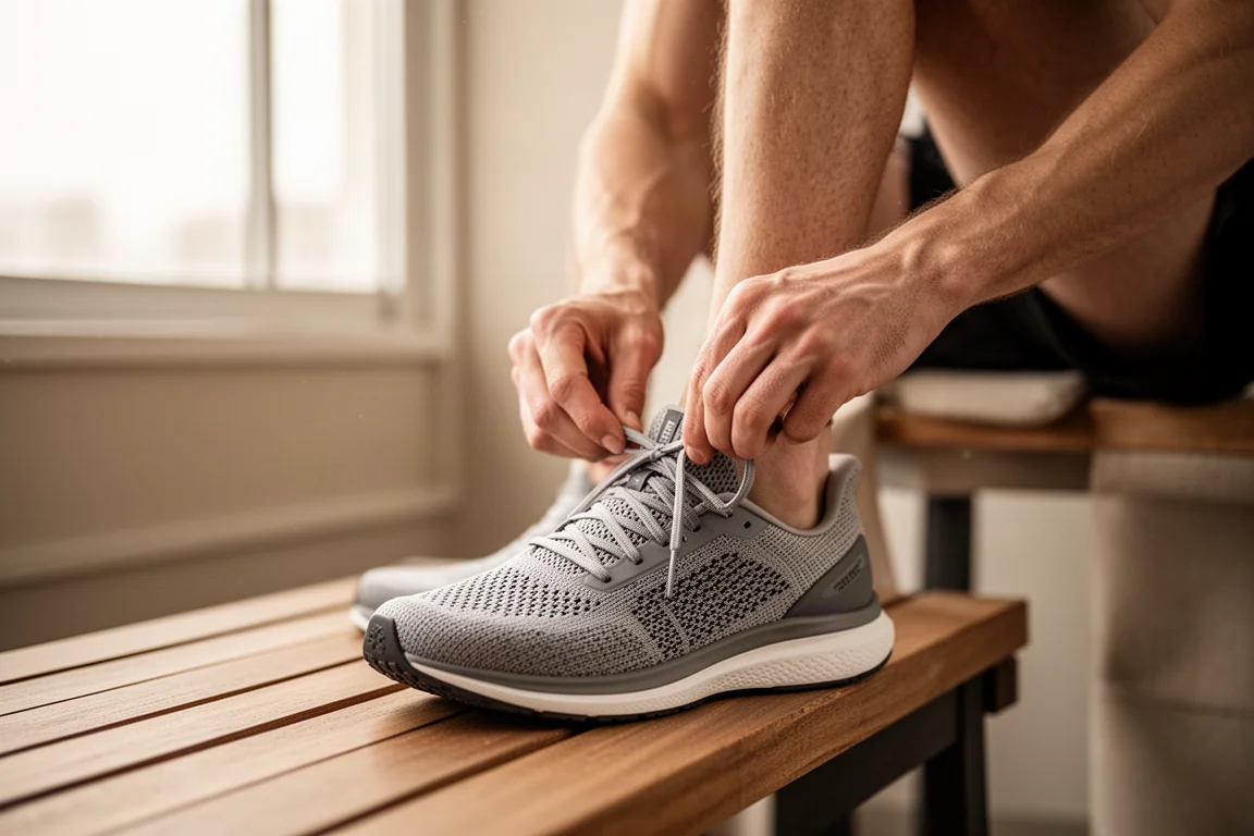 Un coureur lacant une paire de chaussures de running dans une belle lumière naturelle