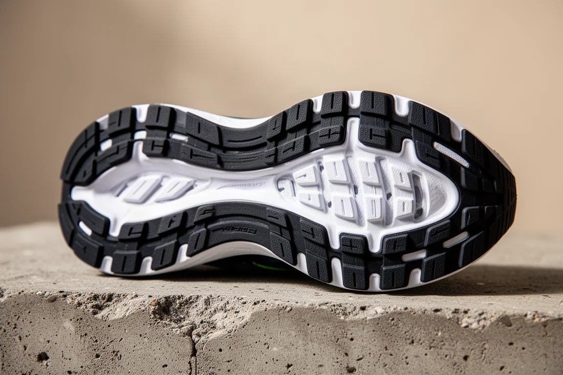 Gros plan sur la semelle extérieure d'une chaussure de running montrant le motif d'adhérence en caoutchouc