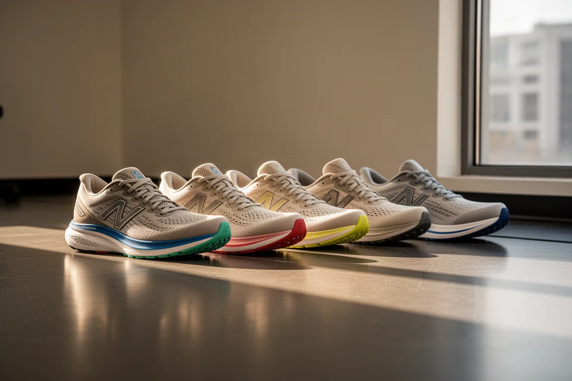 Une rangée de chaussures de running alignées sur le sol d'une salle de sport