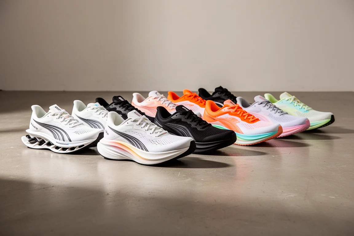 A row of assorted modern running shoes on a concrete studio floor