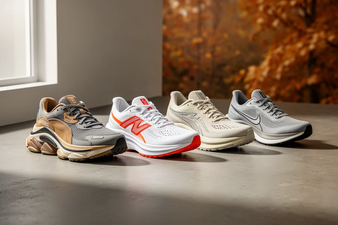 Lineup of five running shoes on a concrete surface in soft autumn light