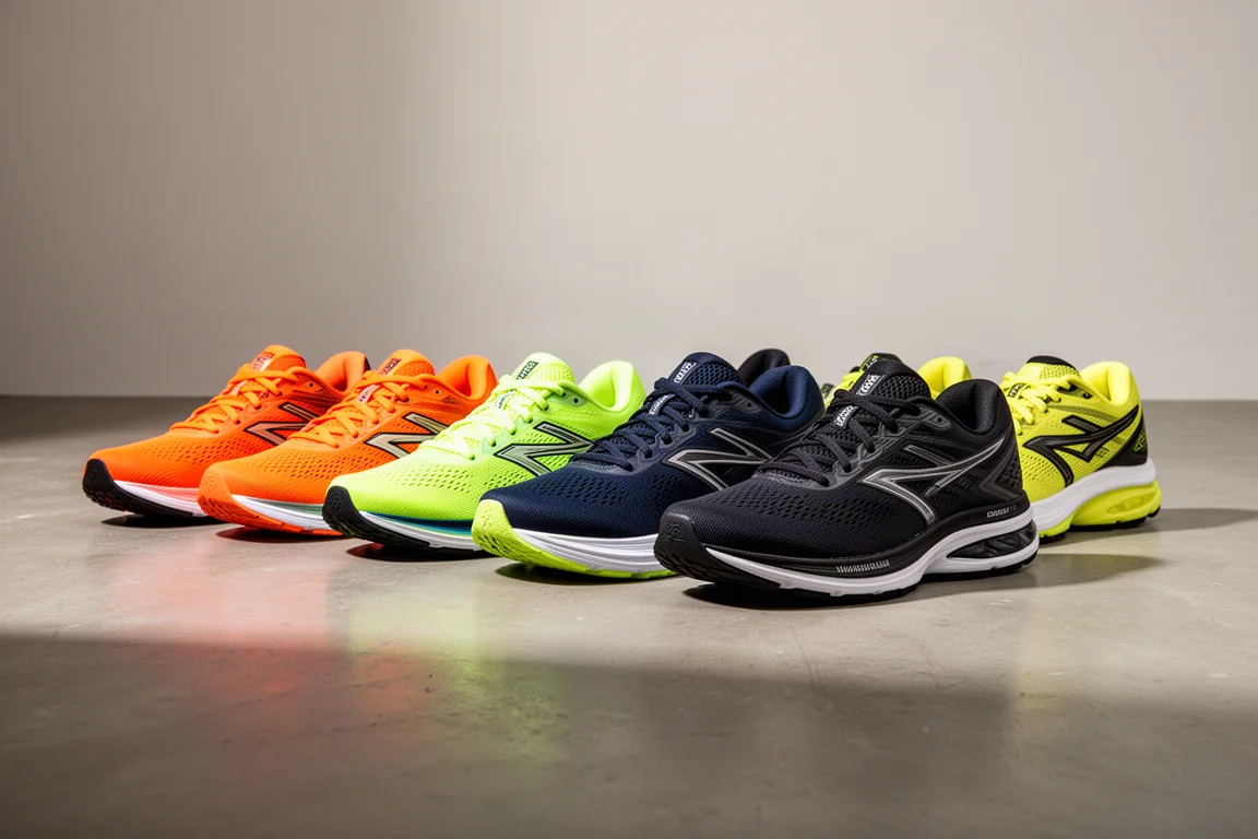 Eight running shoes of varied colorways lined up on a concrete studio floor