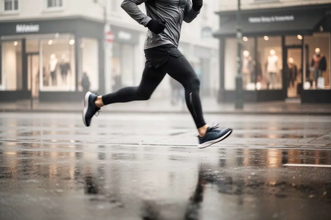 Runner in a speed workout on an athletics track in low evening light