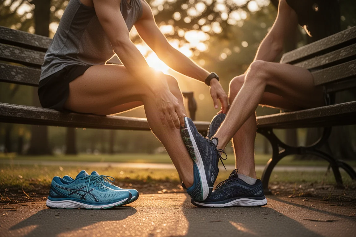 Flat-lay of running gear and shoes on a concrete floor before a run