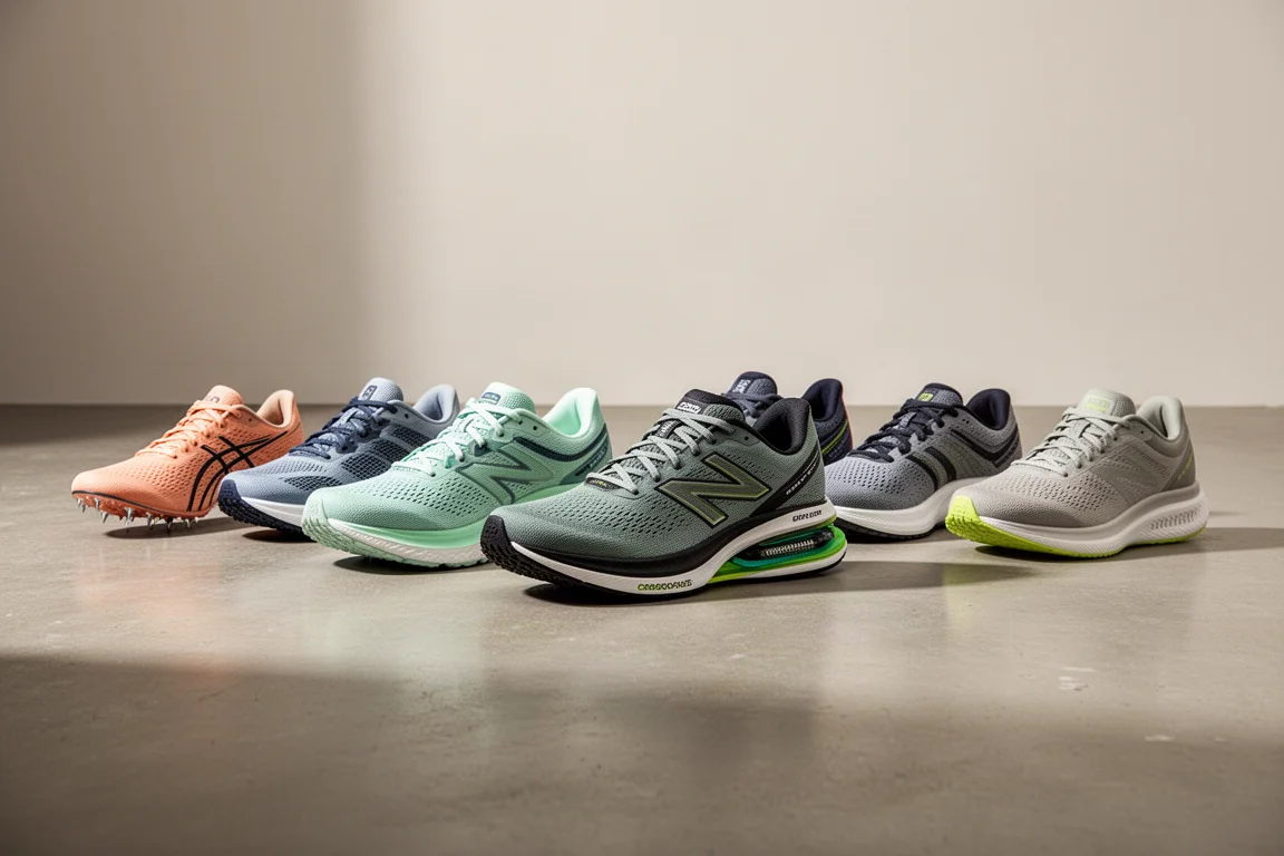 Collection of running shoes arranged on a concrete floor