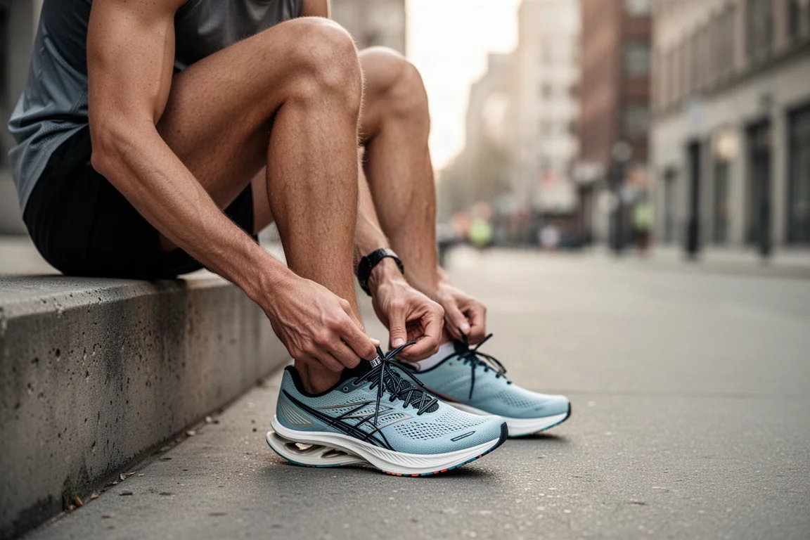 Runner walking through a sunny city street in relaxed casual running shoes