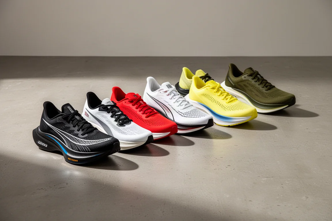 Collection of eleven running shoes arranged on a matte concrete surface