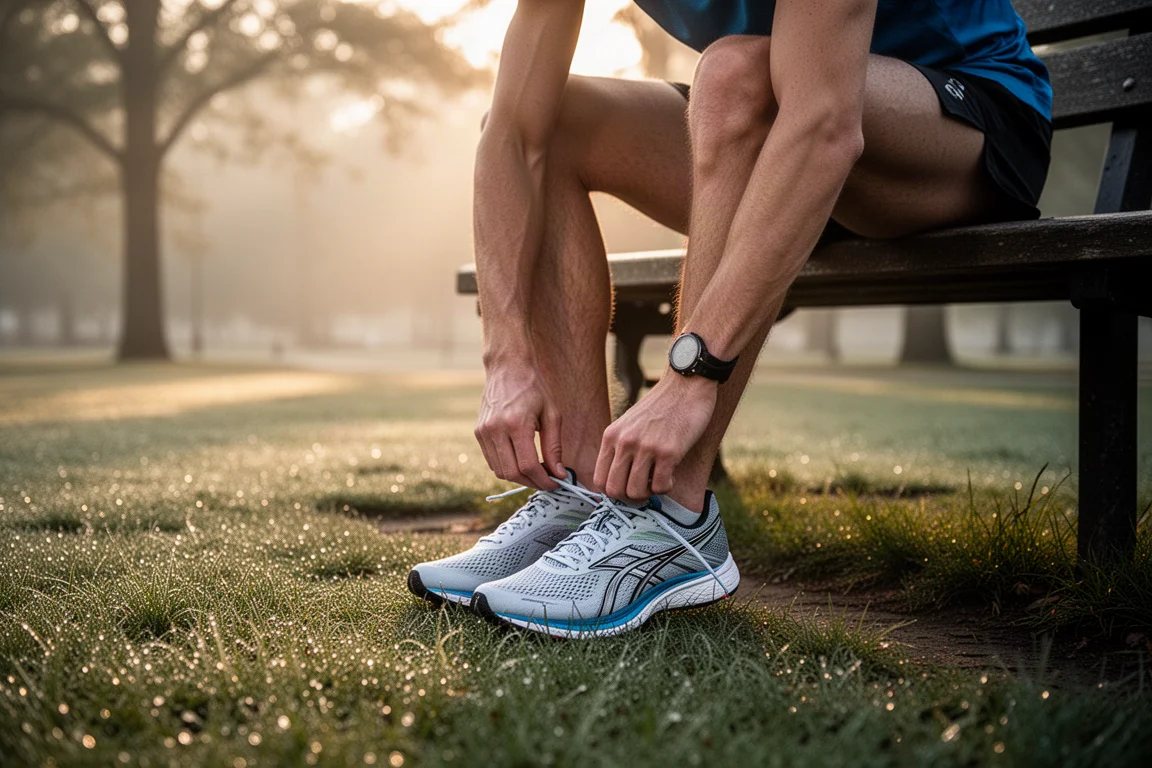 Corredor amarrando tênis de corrida leves no início de um parkrun em uma manhã ensolarada