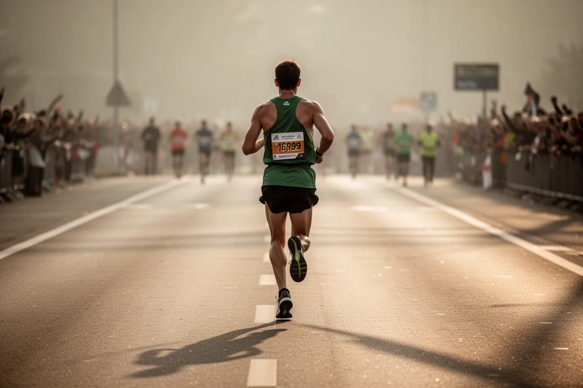 Corredor de maratona em uma via aberta na fase final da prova, luz suave da tarde