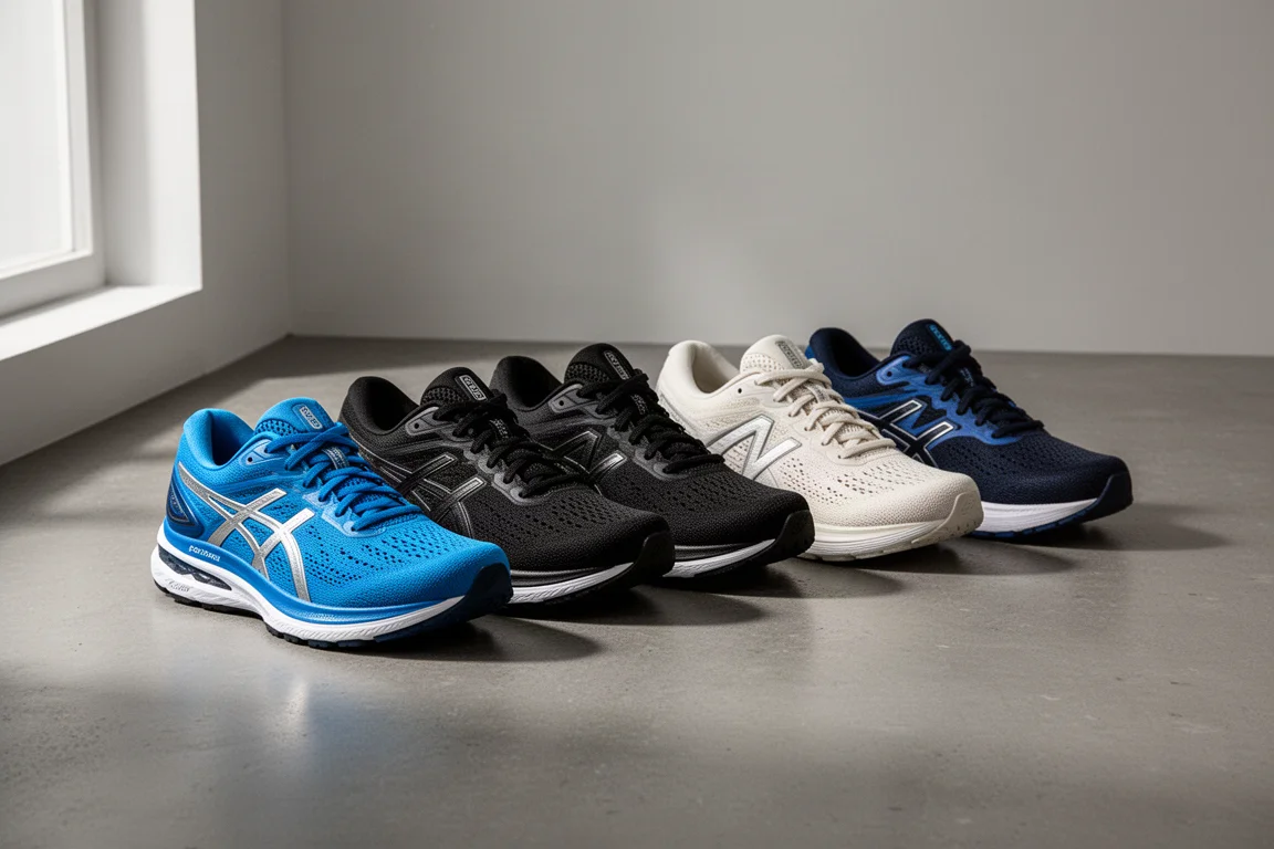 Lineup of seven discounted running shoes in various colorways on a grey concrete surface