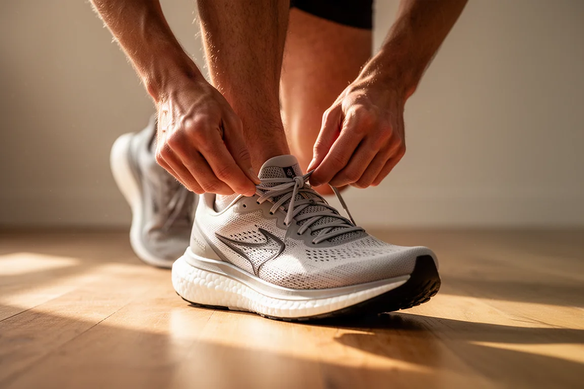 Runner lacing up a modern racing shoe in soft morning light
