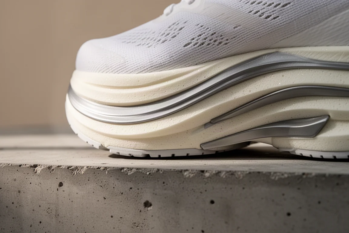 Close-up of a layered performance running shoe midsole on concrete