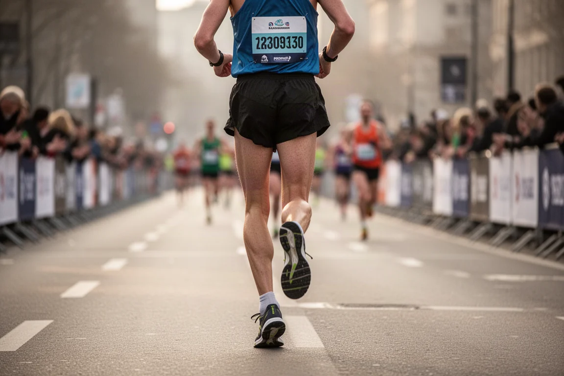 Marathon runner on an open road in the late stages of a race