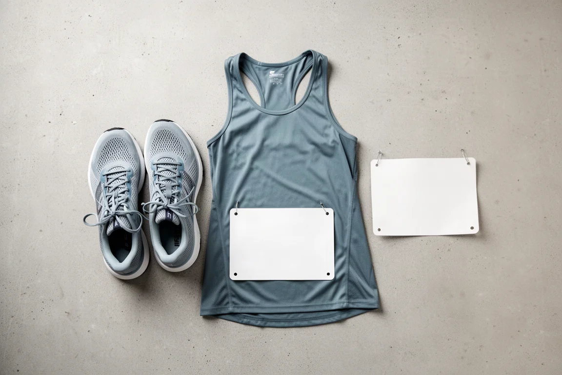 Running shoes and race singlet laid out flat on a neutral surface