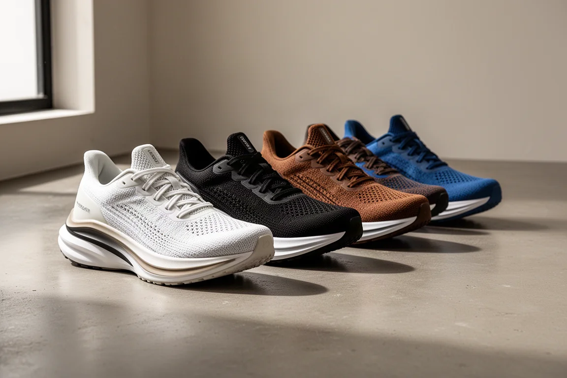 Row of modern running shoes with thick midsoles on a concrete floor