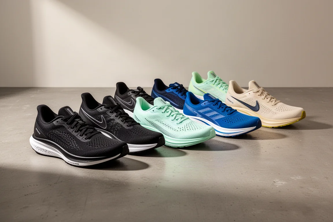 Nine modern running shoes in assorted colorways arranged on a concrete surface