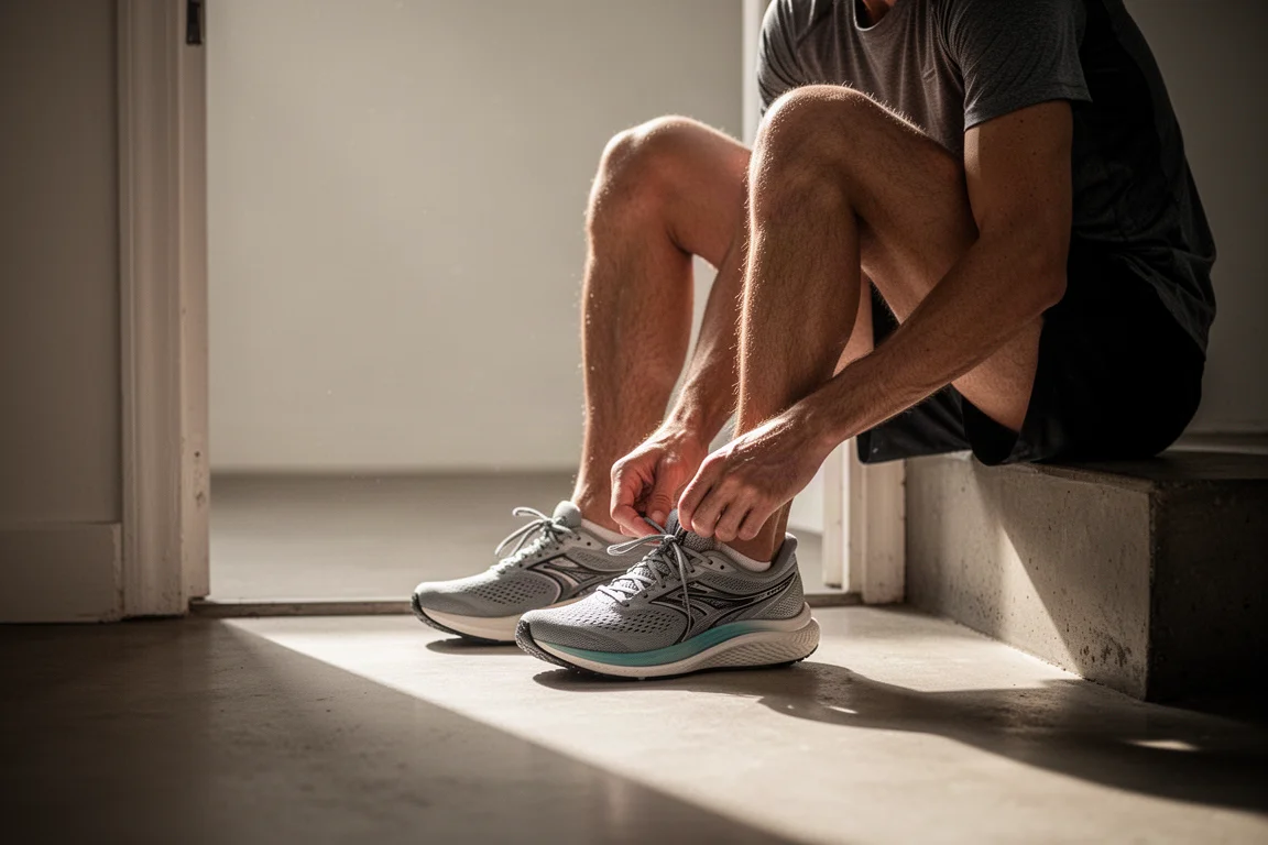 Runner lacing up a pair of cushioned running shoes by a doorway before an early run