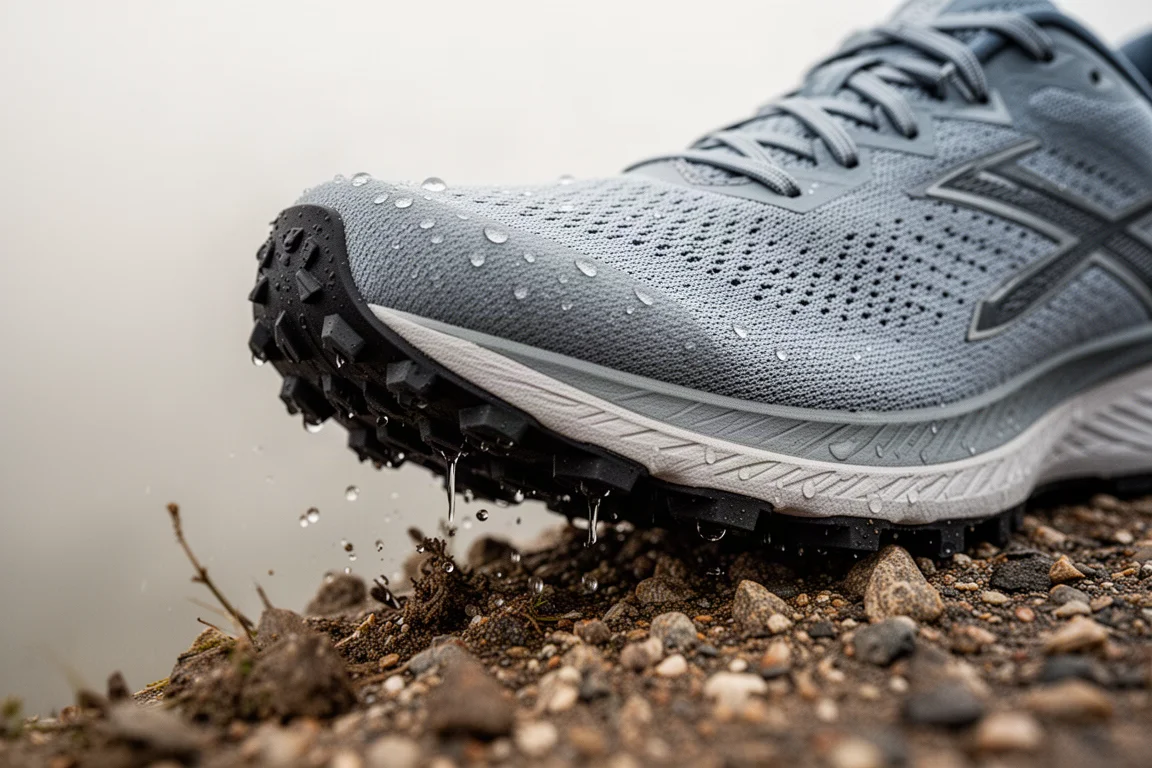 Close-up of a lugged trail-style outsole gripping wet mixed terrain