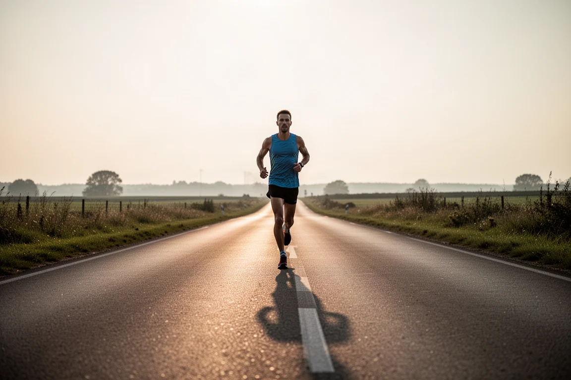 Runner mid-stride on a road during a long training run in soft evening light