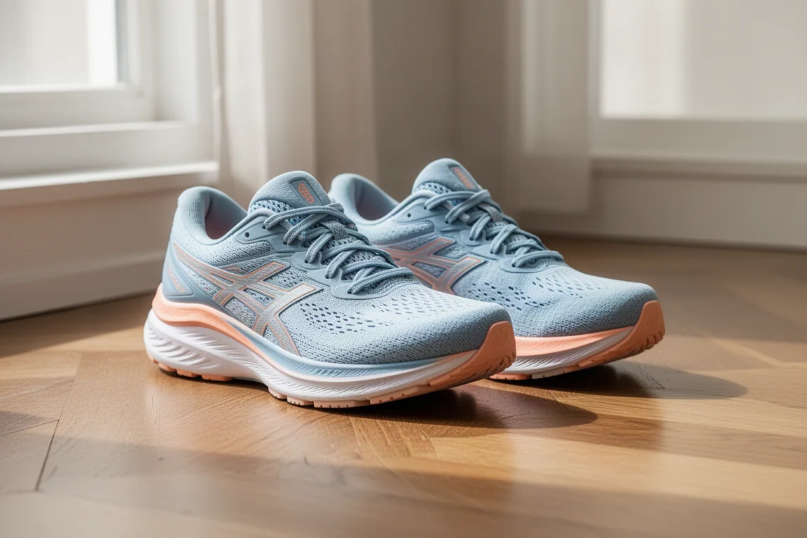 Pair of plush max-cushion running shoes resting on a wooden floor near a window