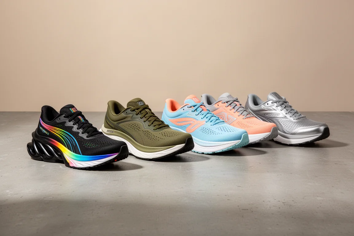 Eight discounted running shoes of varied colorways lined up on a concrete surface