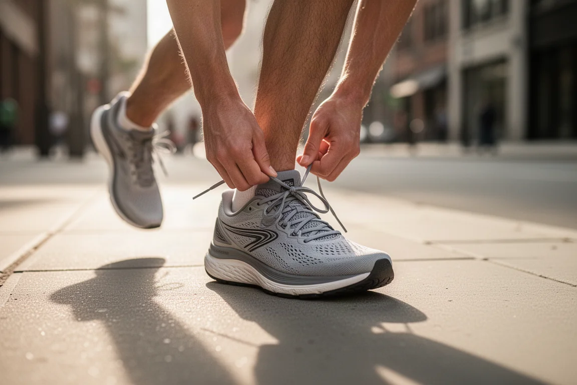 Läufer schnürt die Schnürsenkel eines modernen Laufschuhs auf einem städtischen Gehweg