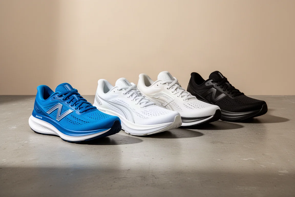 A row of modern running shoes in varied colorways on a concrete surface