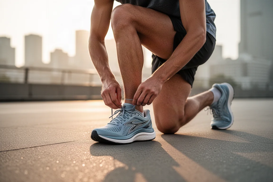 Runner lacing up a cushioned running shoe on a city pavement at sunrise