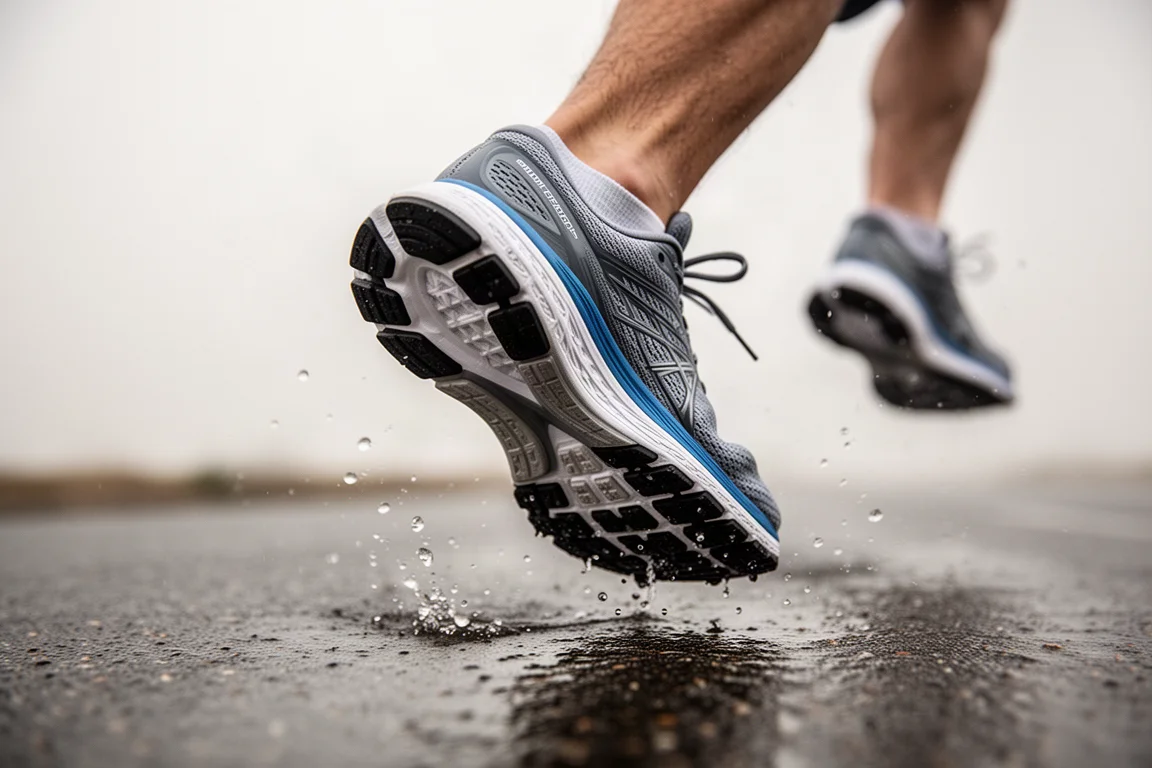 Everyday trainer midsole flexing underfoot on a wet road