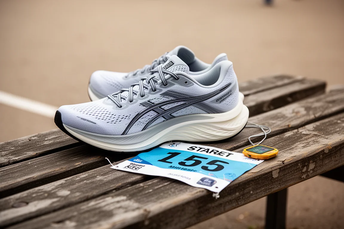 Premium marathon racing shoe resting beside a race bib on a wooden bench