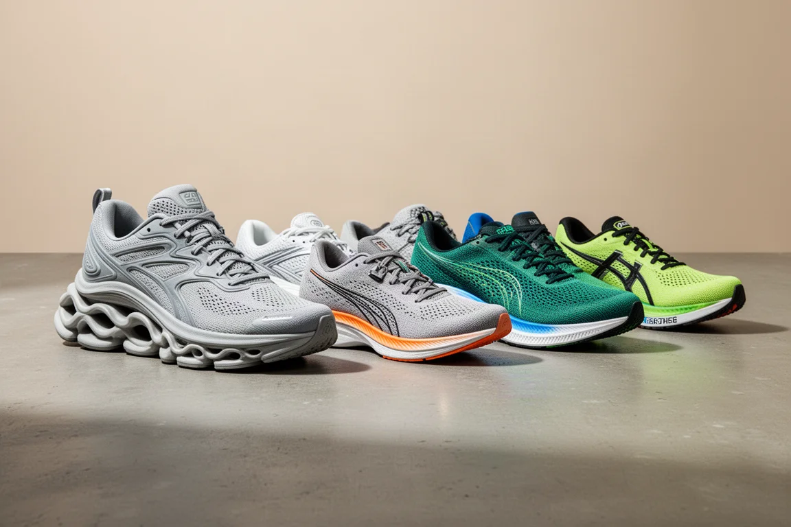 Seven discounted running shoes from Nike, Puma and Under Armour arranged on a concrete surface
