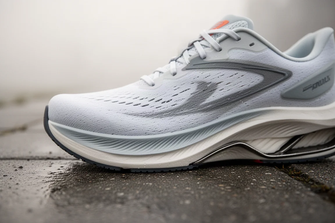 Primo piano della intersole di una scarpa da running con placca in carbonio sull'asfalto